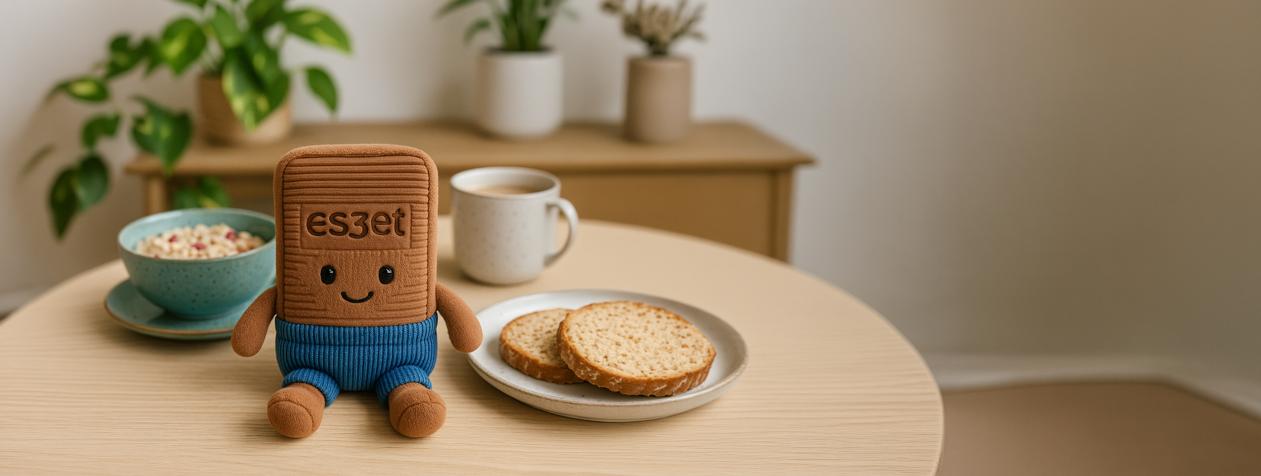 Eszet Schokolade mit Eszetti, dem Eszet-Maskottchen als Kuscheltier in Form einer Schokoladenschnitte. Symbol für süße Frühstücksmomente, Nostalgie und den unverwechselbaren Eszet-Genuss.