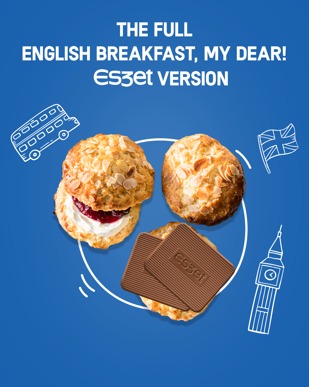 Internationales Eszet Frühstück mit englischen Scones, Eszet Schokolade, Sahne und Marmelade als süße Frühstücksidee.