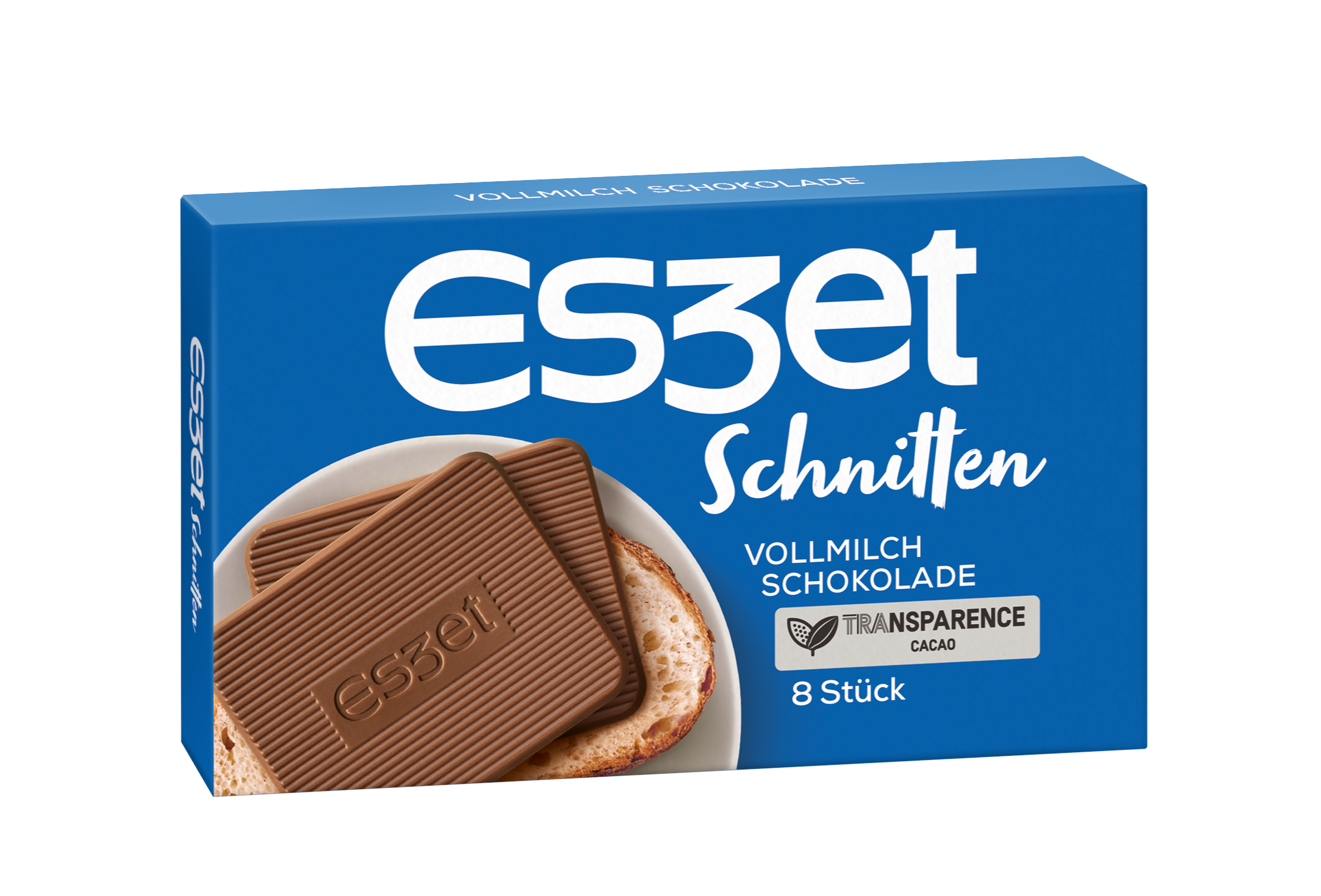 Eszet Vollmilch Schokolade Schnitten 8 Stück als Produktvorschlag, Packshot für zartschmelzenden Vollmilchschokoladen Geschmack