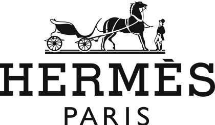 Logo Hermes Paris avec un cheval, une calèche et un homme à côté sur fond noir.