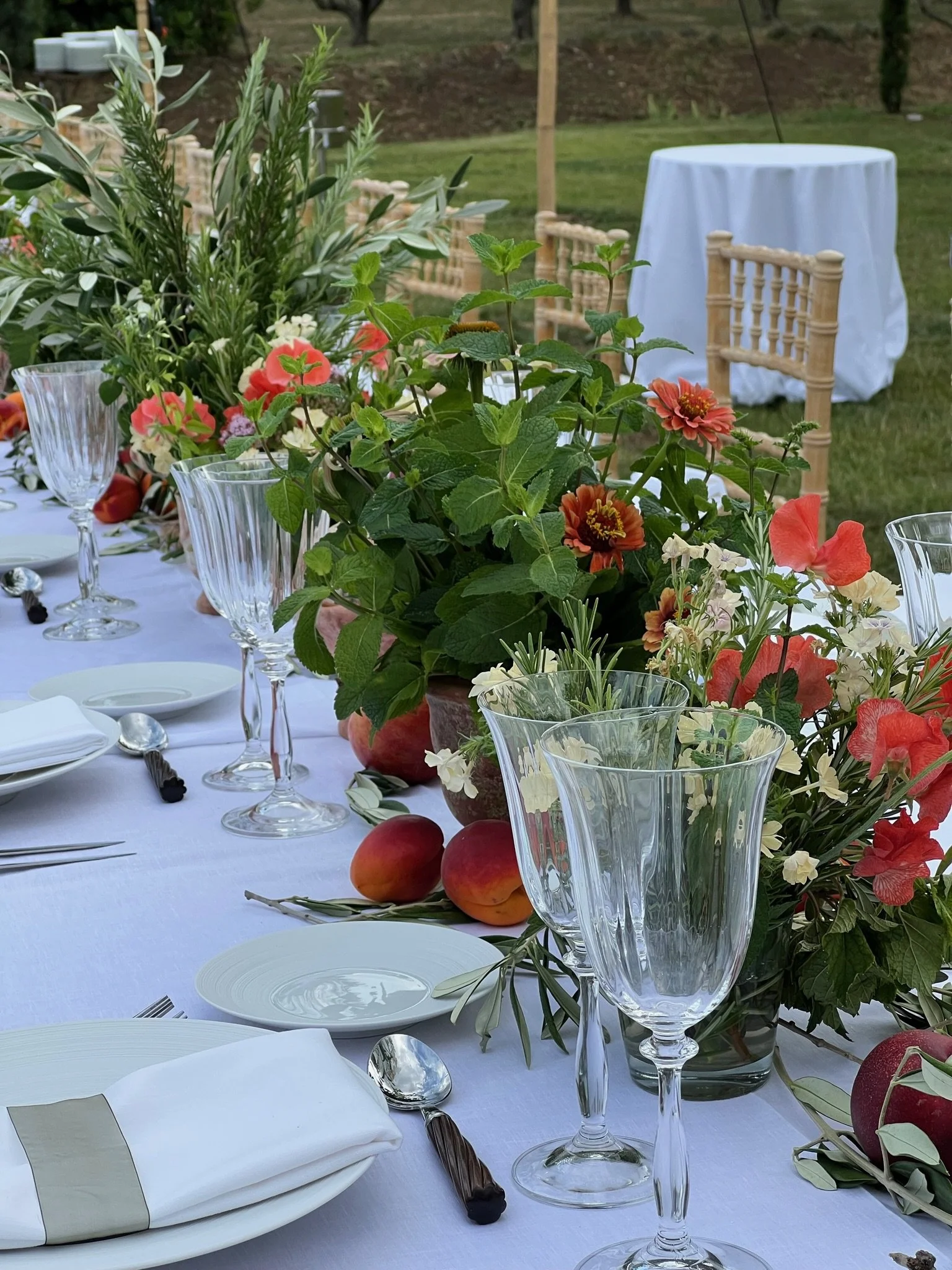 Table élégante décorée de fleurs colorées, de verres à vin, de vaisselle blanche, de couverts, de prunes et de serviettes en nappe blanche, en plein air