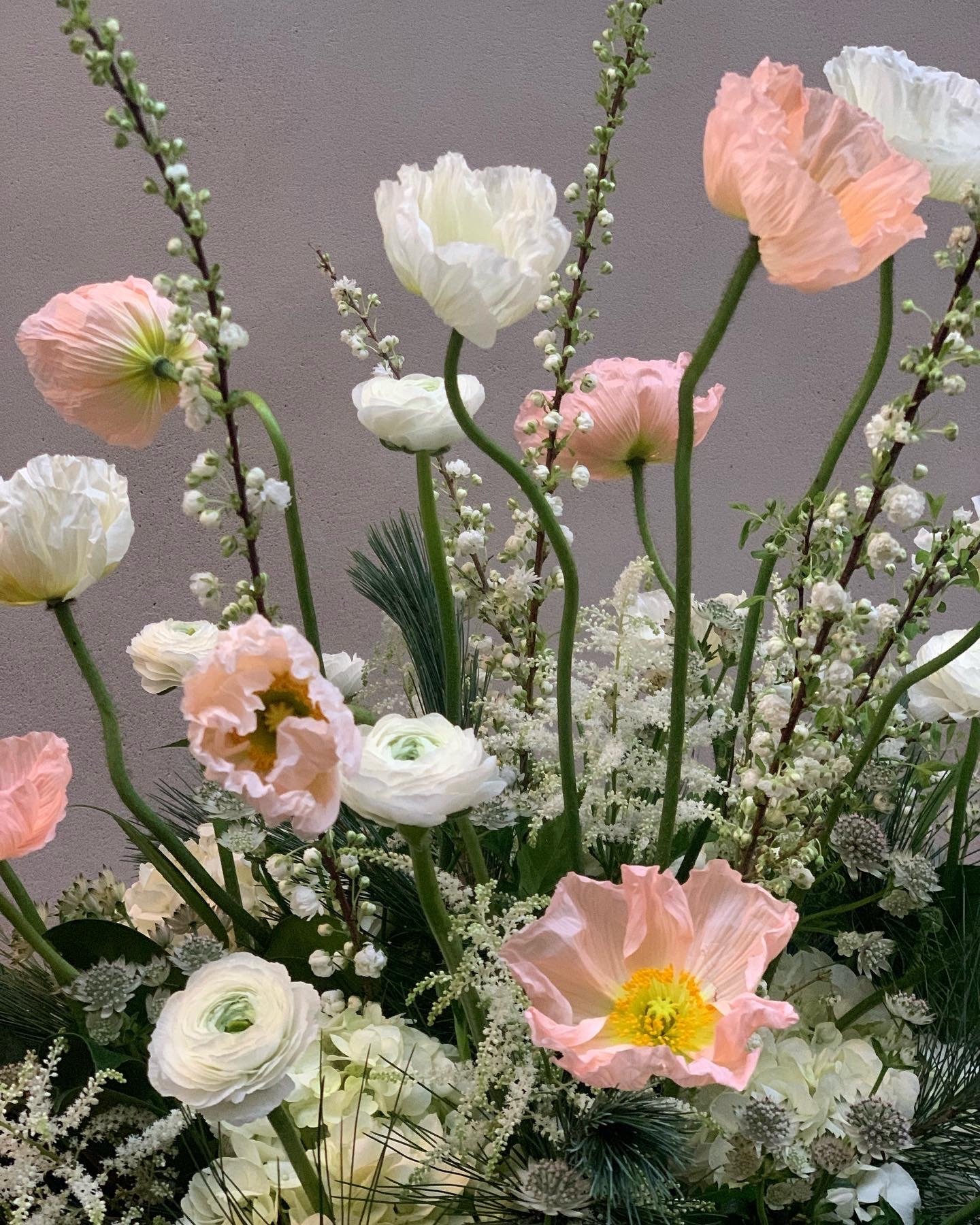 Un arrangement floral avec des fleurs blanches, roses et des tiges vertes sur un fond gris.