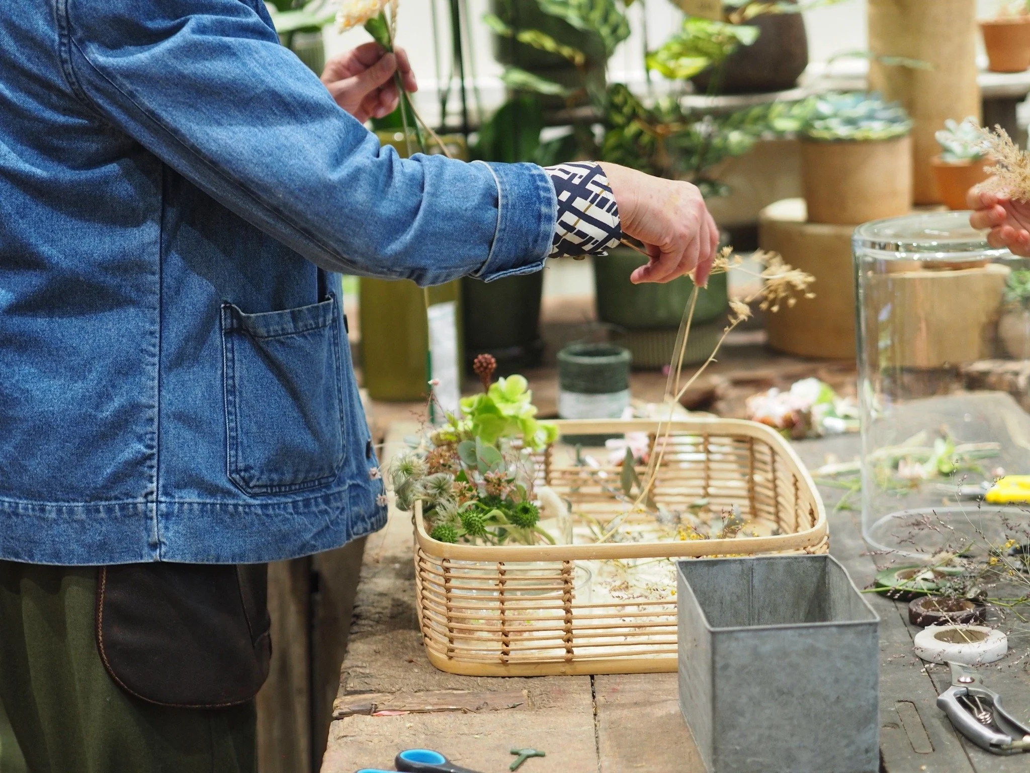 Une personne en veste en jean crée une composition florale dans un atelier avec des plantes en pot et des outils de jardinage.
