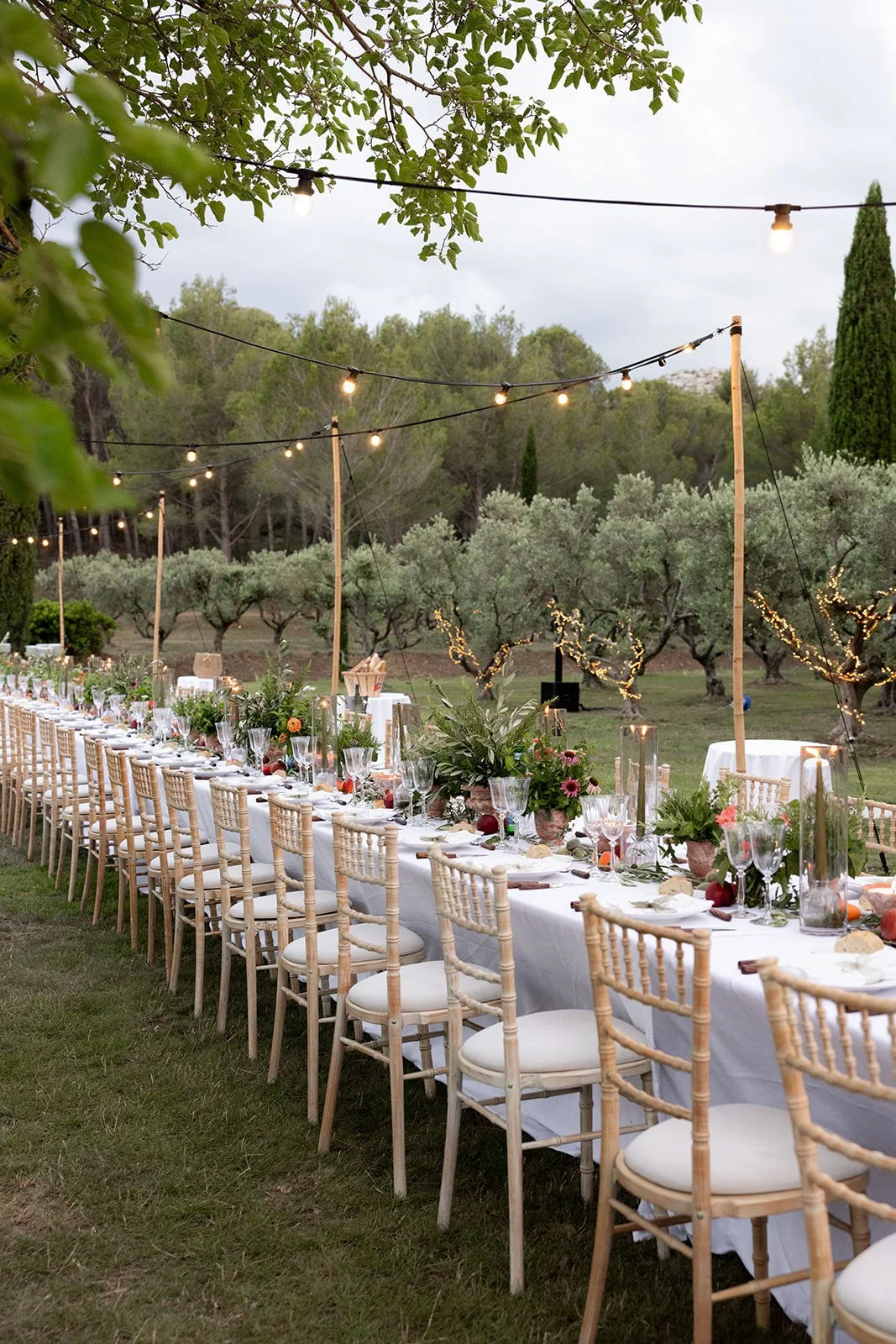 Une longue table dressée pour un dîner en plein air, entourée de chaises en bois, décorée de fleurs, de bougies et de verres, avec des guirlandes lumineuses suspendues au-dessus dans un jardin avec des arbres et des câbles électriques.