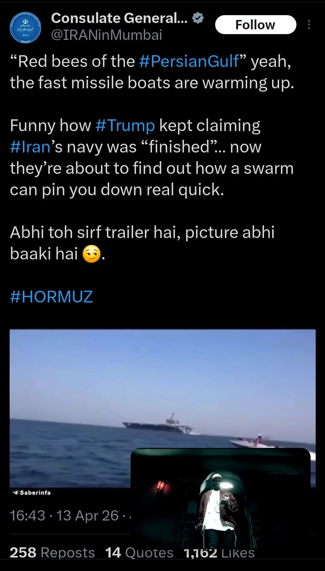 A tweet from the Iranian Consulate General in Mumbai discussing the Persian Gulf, with a photograph of a large ship on the water and a smaller boat nearby. The tweet humorously comments on missile boats and Iran's navy, with some text in Hindi.
