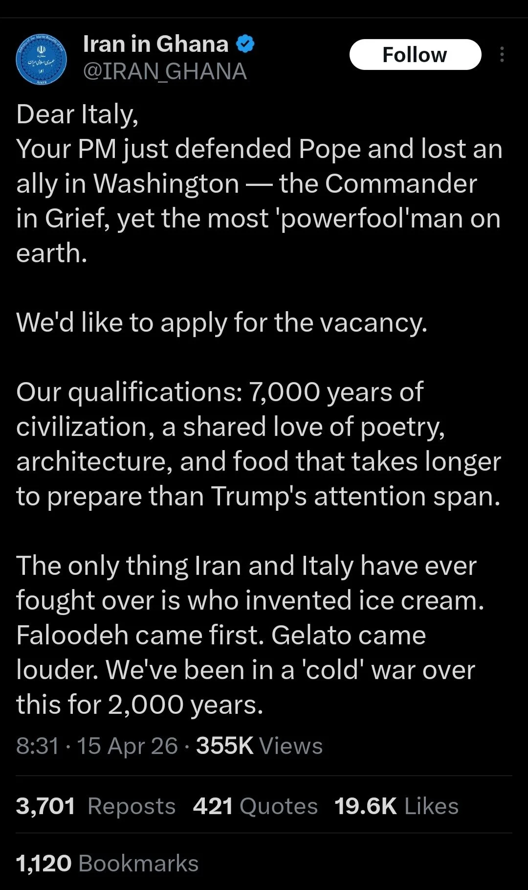 A tweet from the Twitter account 'Iran in Ghana' addressing Italy. The tweet humorously compares Iran and Italy's history and rivalry over ice cream, mentioning their long history of civilization, love of poetry, architecture, and food, and referencing their historical disputes about who invented ice cream and their long Cold War.