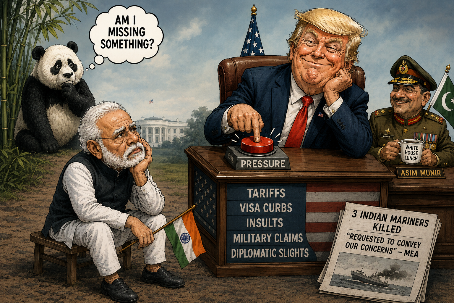 A caricature political cartoon depicting former President Donald Trump smiling and pressing a button labeled 'pressure' at a desk with words like 'tariffs' and 'visa curbs.' To his left, Indian leader Narendra Modi sitting on a small stool, holding an Indian flag and resting his head on his hand, looking concerned. To Trump's right, Pakistani military officer Asim Munir holding a cup labeled 'White House Lunch' and smiling. In the background, a panda with a thought bubble asking 'Am I missing something?' stands near the White House. A newspaper reports the killing of three Indian mariners and a ship illustration. The cartoon uses satire to depict international relations and conflicts.