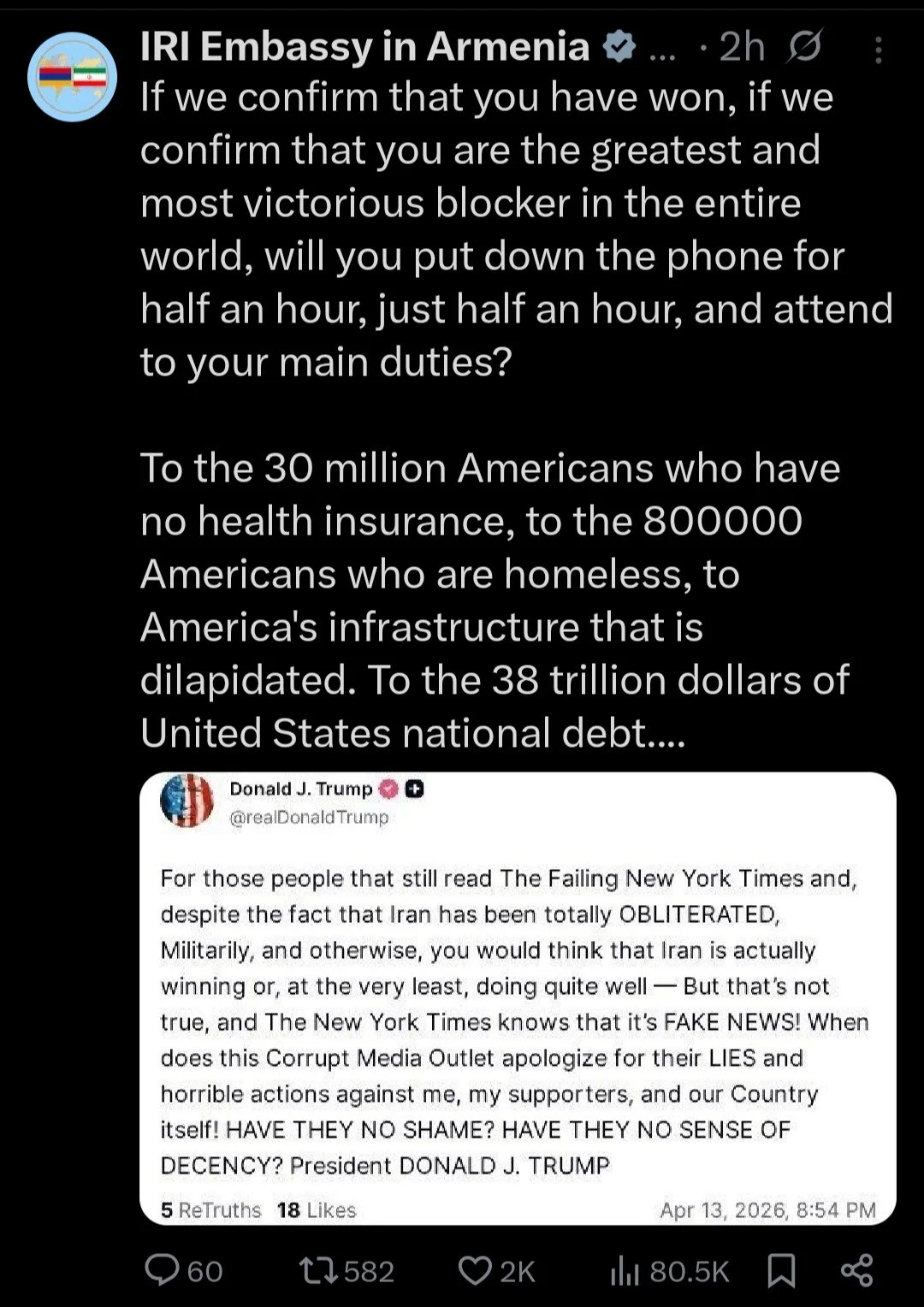 Screenshot of a tweet from IRI Embassy in Armenia criticizing American politics and referencing Donald Trump, with parts of a tweet from Donald Trump about Iran and the New York Times.