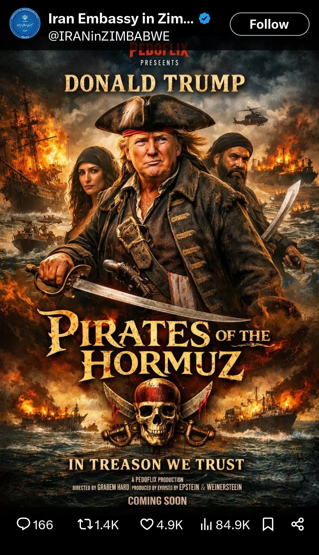 Poster for a film titled "Pirates of the Hormuz" featuring a man dressed as a pirate in the center, holding a sword, with a background of burning ships, helicopters, and a stormy sky.