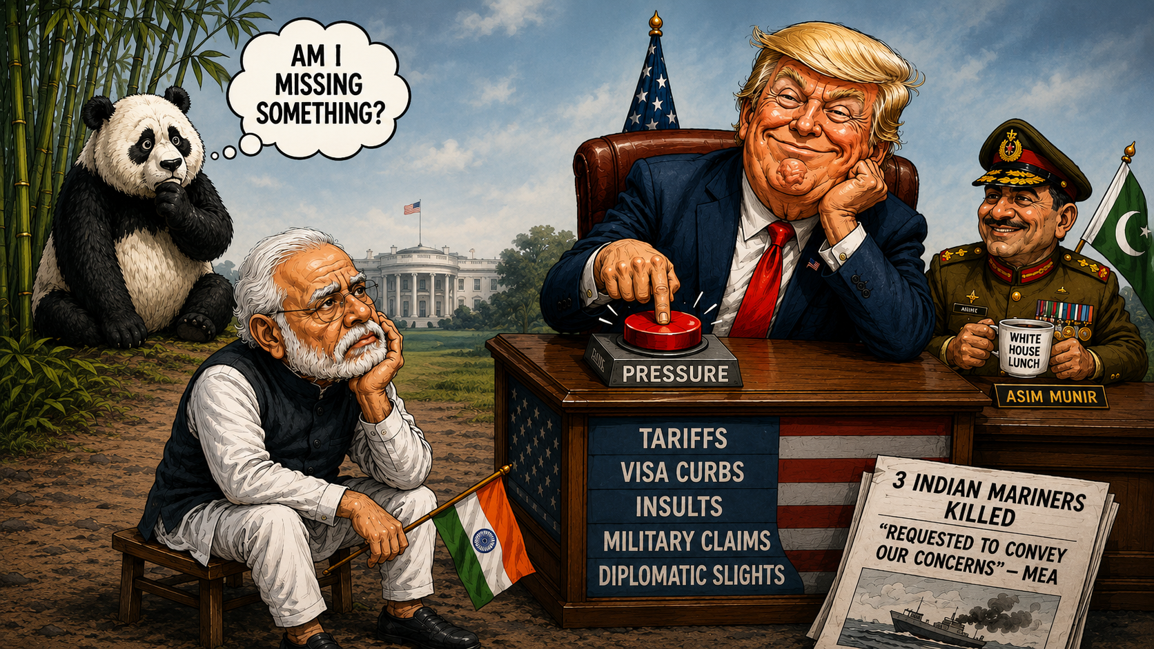 A political cartoon showing Indian and Pakistani figures and a panda with the White House in the background. The Indian man is sitting on a small stool holding an Indian flag, appearing thoughtful. The Pakistani man, labeled Asim Munir, is smiling and holding a mug that says 'White House Lunch.' The U.S. figure, resembling former President Donald Trump, is sitting at a desk pressing a large red button labeled 'Pressure,' with a sign below listing issues like tariffs, visa curbs, insults, military claims, and diplomatic slights. A panda on the left thinks, 'Am I missing something?' A newspaper in front reports '3 Indian Mariners Killed' in an incident.