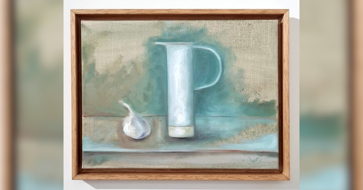 A still life oil painting of a white jug and garlic bulb in a natural oak float frame, framed by Image Framers, Sligo