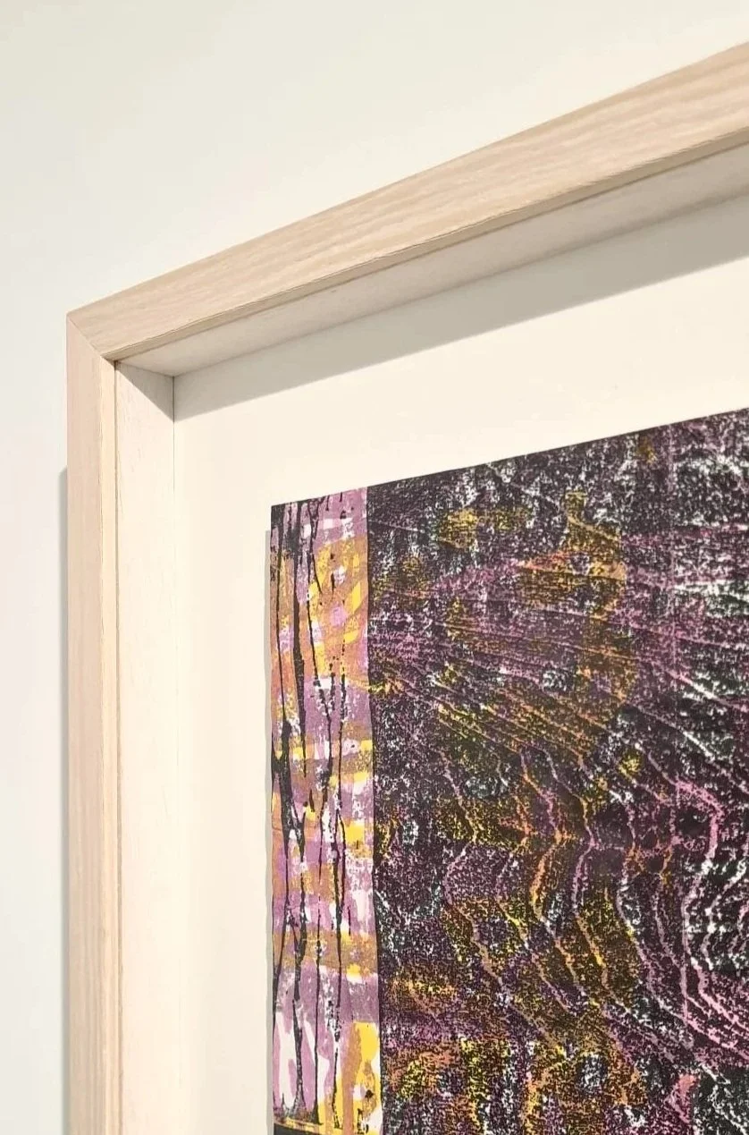 Close-up of a natural oak picture frame with white mount, showing an abstract mixed-media painting, framed at Image Framers, Sligo