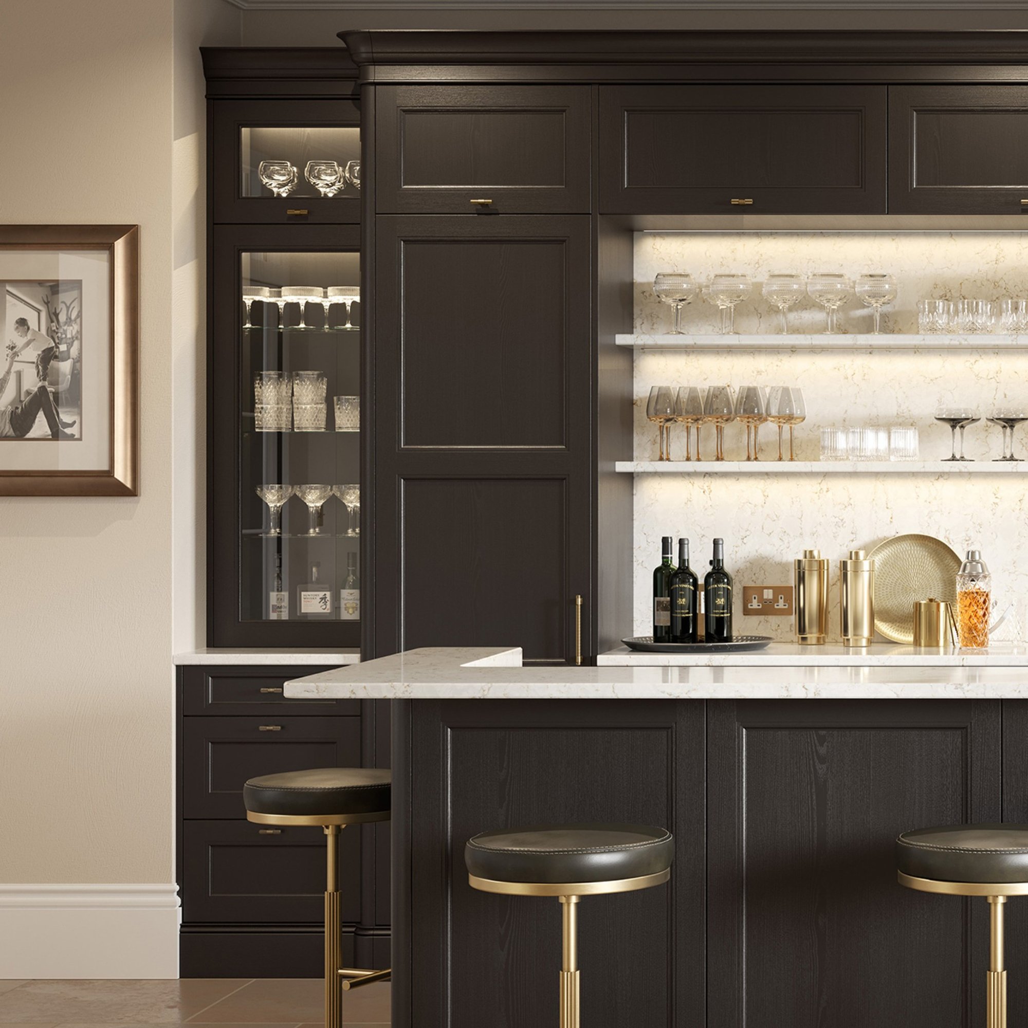 Luxury home bar with dark cabinets, glassware displays, a marble countertop, and brass accents. Features bar stools and modern artwork.