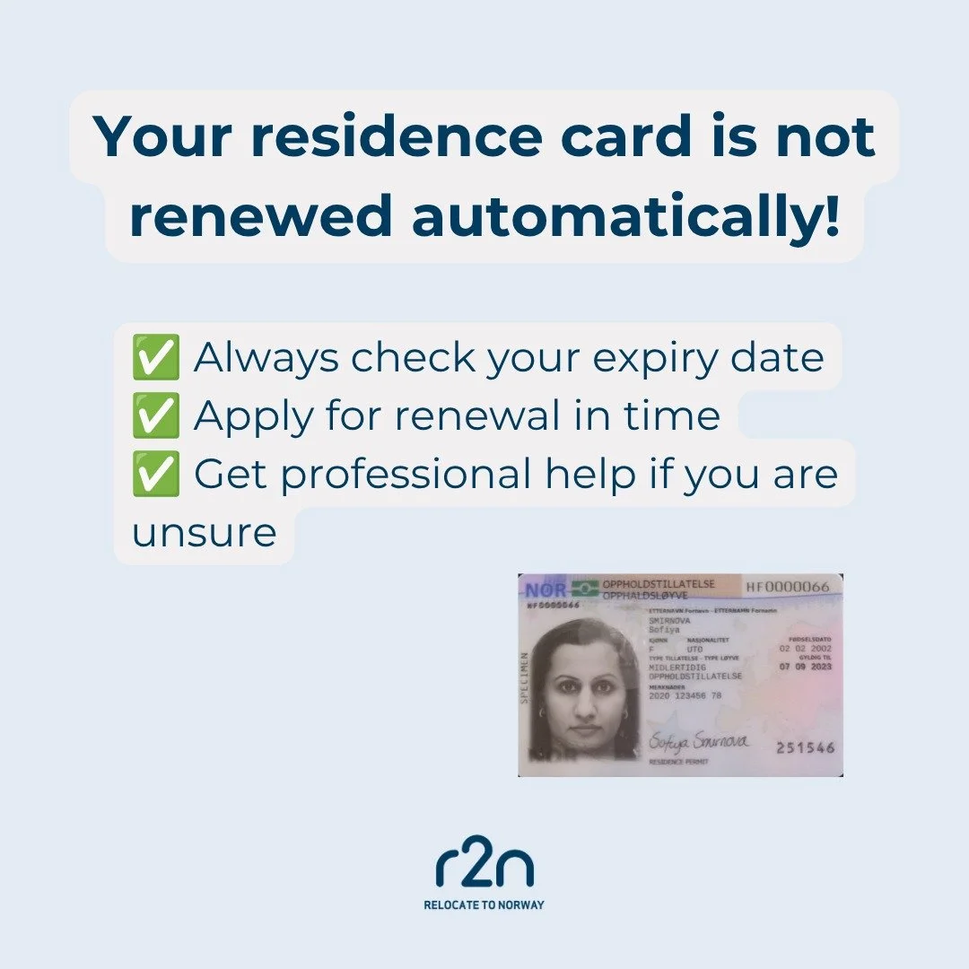 Important reminder for international professionals living and working in Norway:

Your residence card is not renewed automatically!

You must actively apply for renewal in advance. Just reach out if you need our guidance and support!

#r2n #relocatet