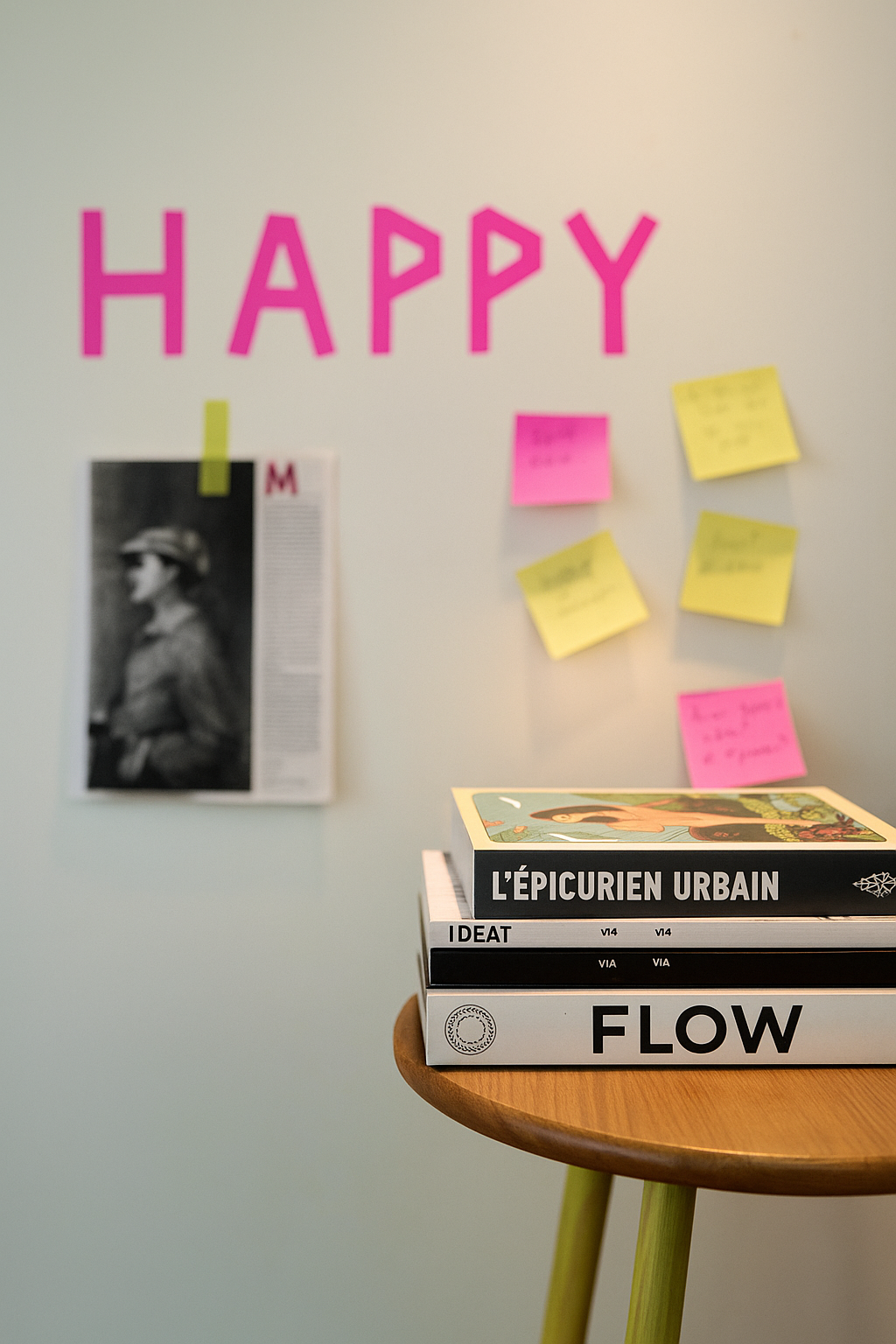 ur avec le mot Happy, des post-it et des livres autour du bien-être et du changement de regard