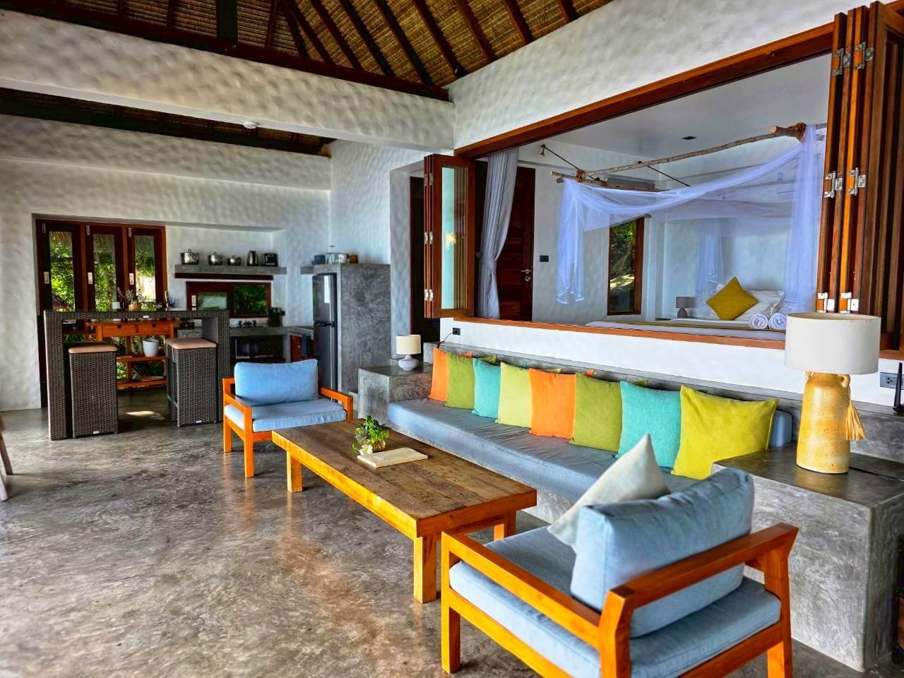 Spacious open-plan living room with tropical decor, Villa Pavana private villa Koh Tao