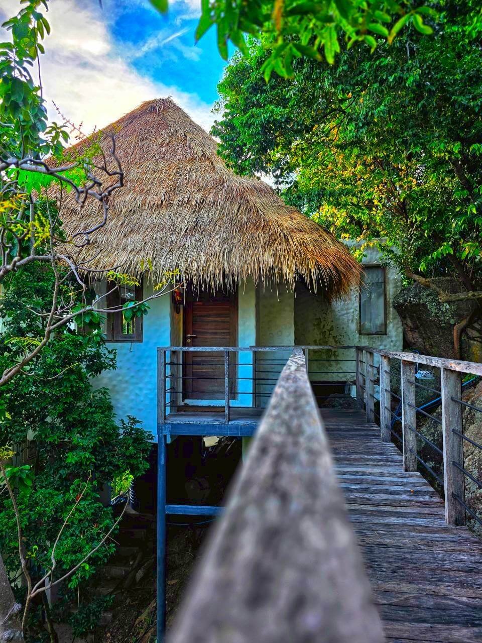 Wooden walkway through tropical jungle leading to Villa Pavana, Koh Tao Thailand