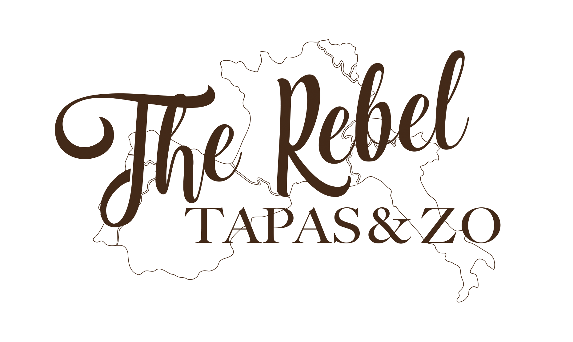 Logo van The Rebel Tapas & Zo met een zwarte achtergrond en een binnenlijnkaart van Nederland in de achtergrond.