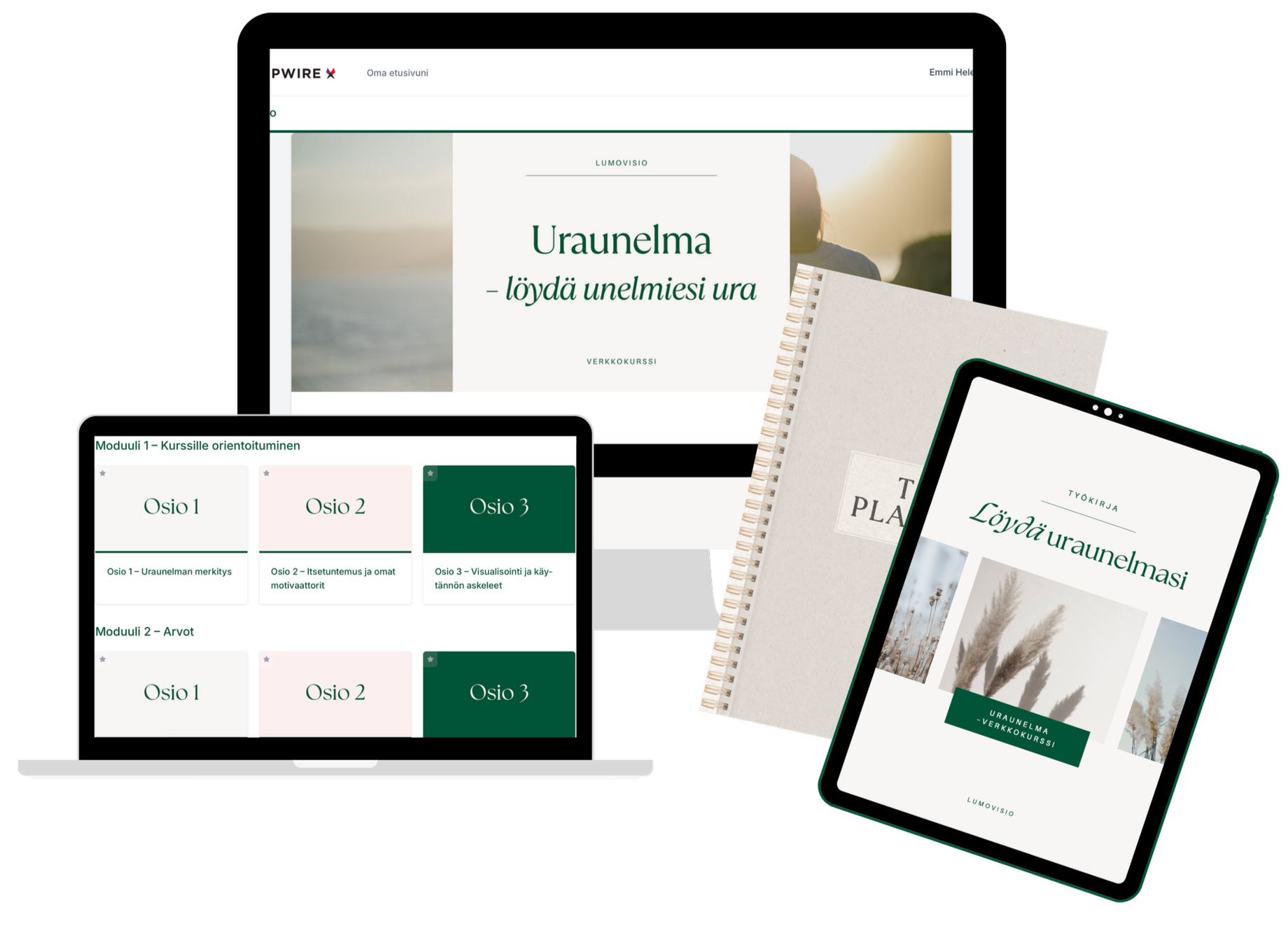 Näyttökuva digitaalisen oppimateriaalin kurssialustasta ja kirjoista, joissa on muistiinpanosivu ja kurssisivusto, jotka käsittelevät tavoitteiden löytämistä ja unelmia.