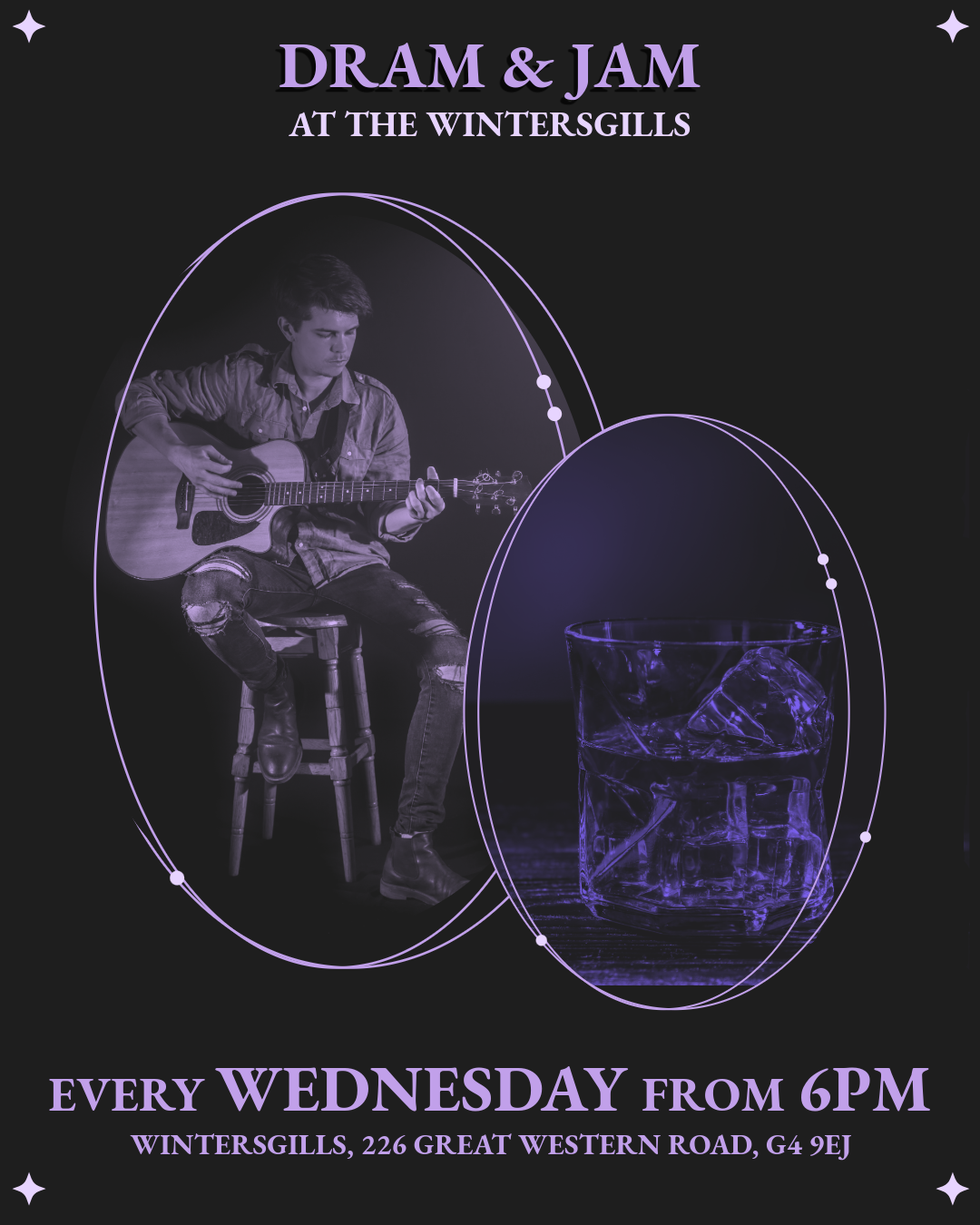 Poster for a weekly music event called 'Dram & Jam' at Wintersgills, featuring a person playing an acoustic guitar, with an image of a glass of whiskey with ice cubes, and event details in purple text on a dark background.
