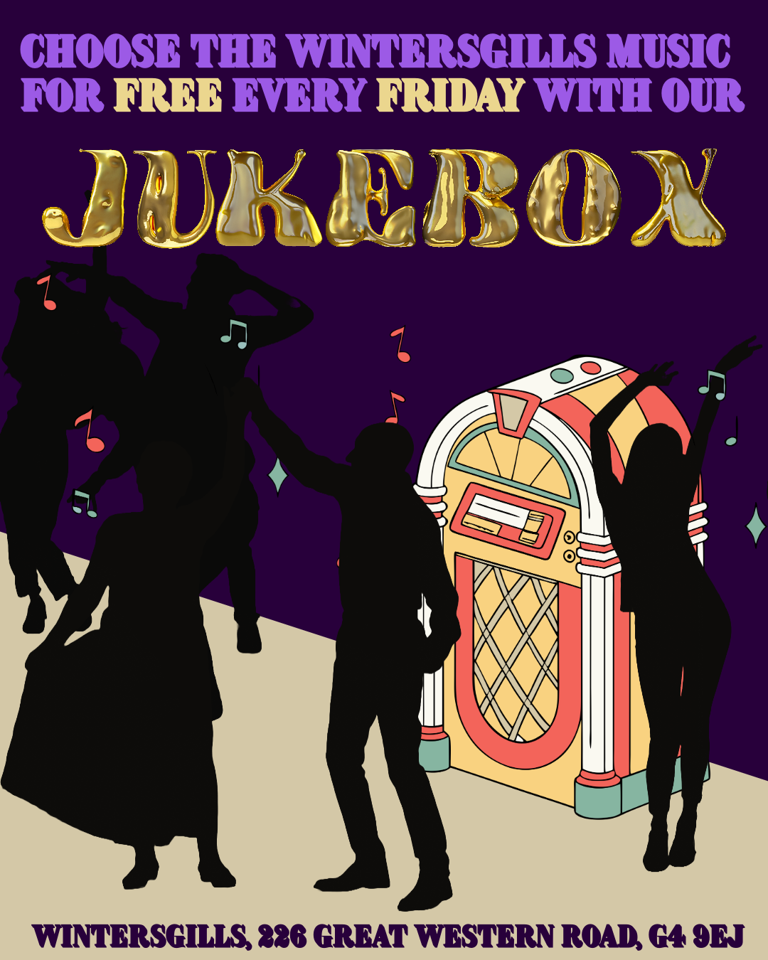 A poster advertising free live music every Friday at Wintersgills, featuring a retro jukebox, silhouetted people dancing and listening to music, with colorful musical notes and the word 'JUNEBOX' in large, shiny gold lettering at the top.