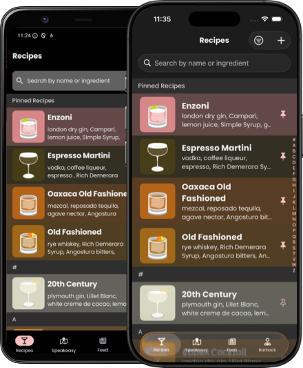 Image of the cocktail drink list as shown on the device for iPhone and Android