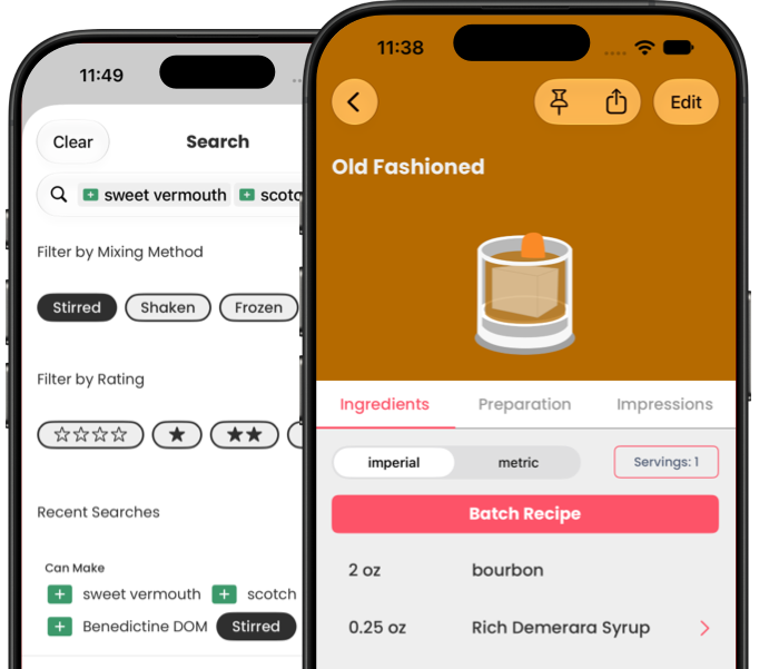 An image depicting the search & filter settings and a cocktail recipe