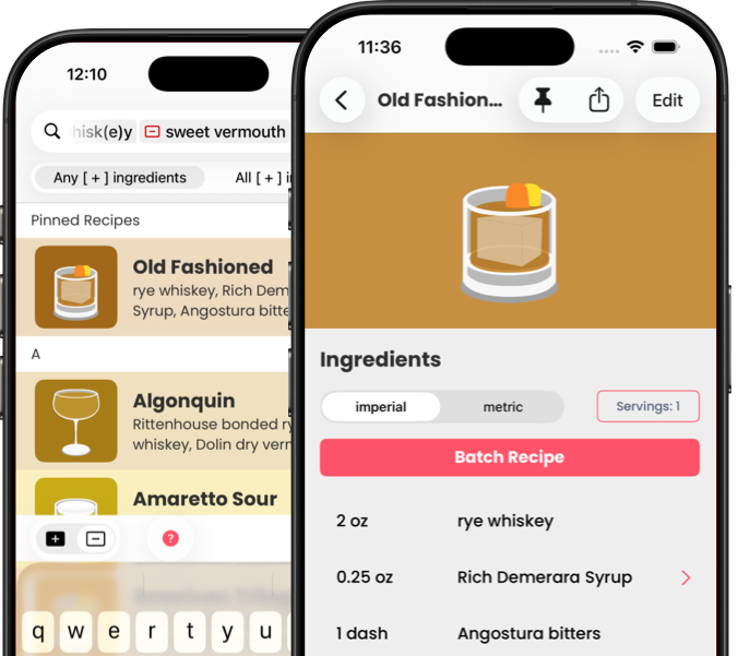 Image showing the search features and cocktail recipe details on the phone