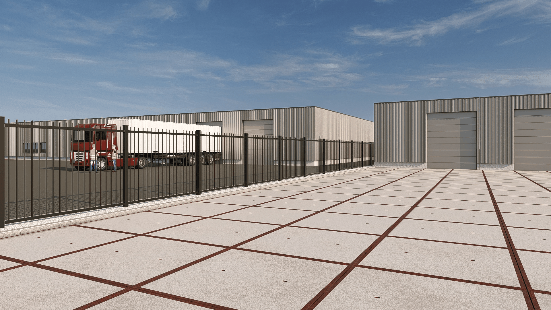 Industrieel terrein met vrachtwagen, omheining en opslagloodsen.