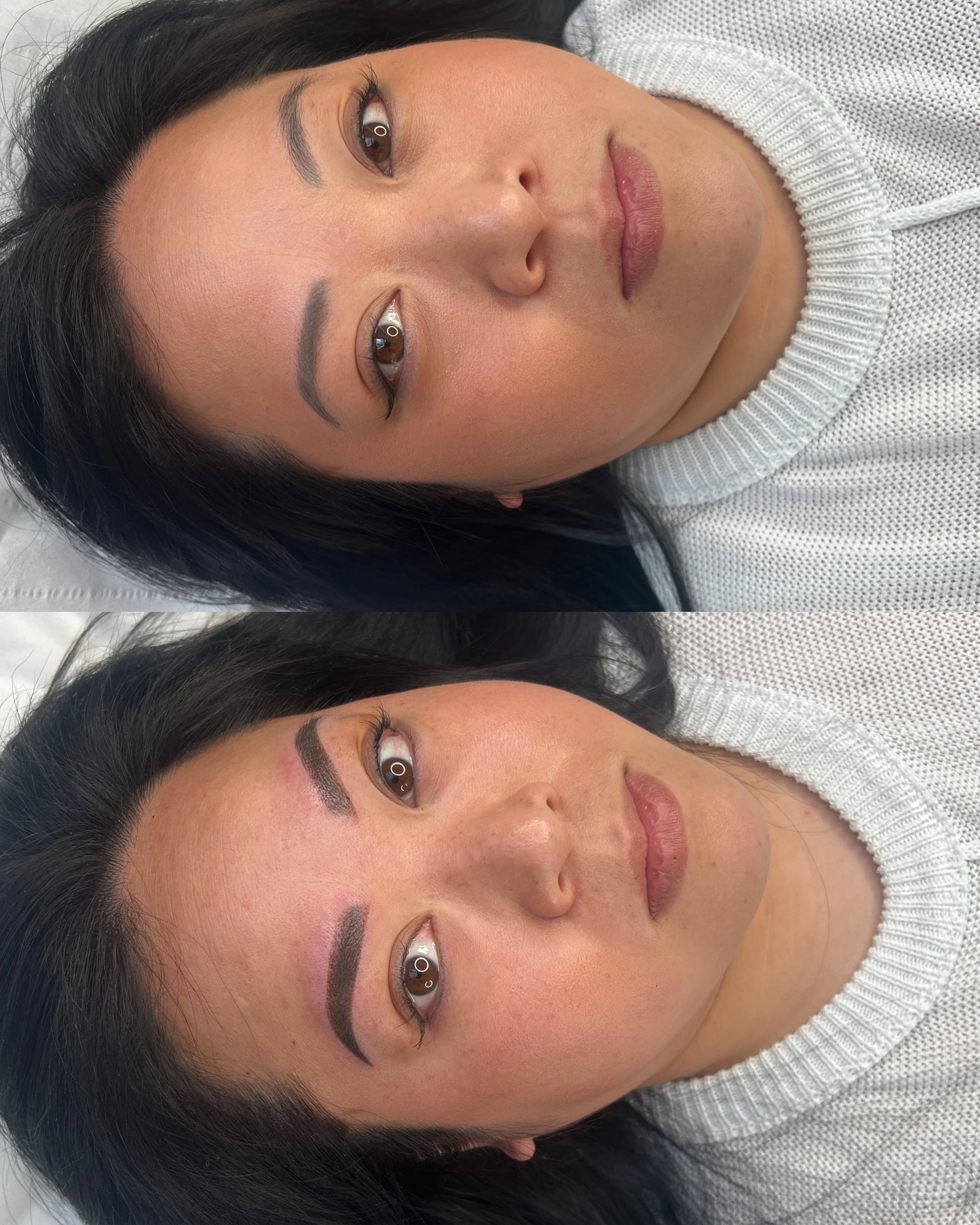 Woman lying down showing before and after results of ombre brow treatment.