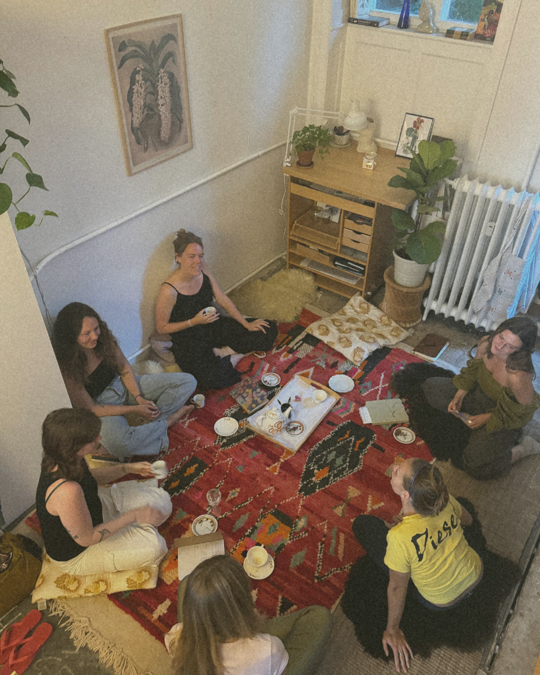 A group of women sitting on the floor arranged in a circle, enjoying snacks and drinks in a cozy living room with a colorful rug, cushions, and houseplants.