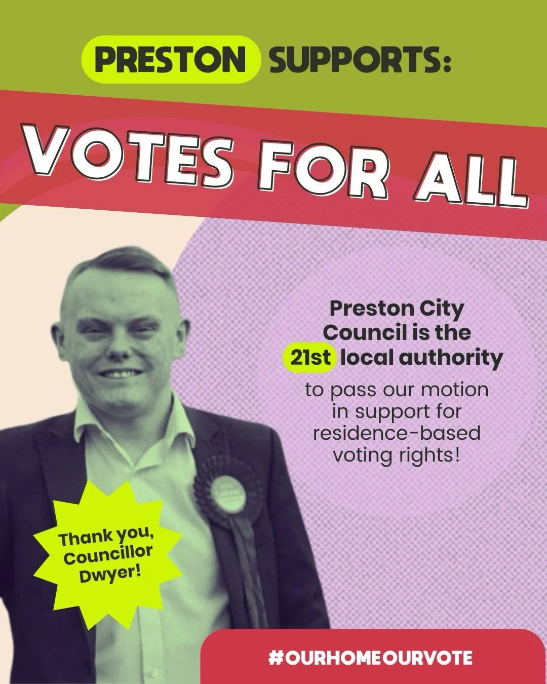 Another win for residence-based voting 🎉 Thank you Cllr Connor Dwyer @connord291 and @prestoncitycouncil for standing with us and pushing for a more inclusive democracy. ✊

One more local council recognising that democracy works best when everyone w