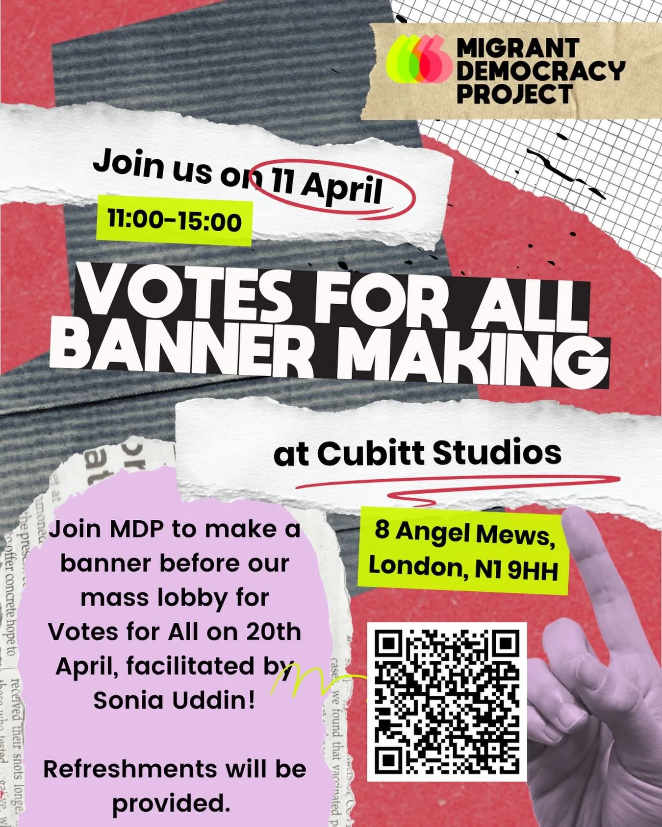 LONDON COMMUNITY! 🌆📣 

We are hosting a creative community event in Islington on 11 April! Join us to collectively design and build a banner, ready for our mass lobby on 20th of April, facilitated by the wonderful @camdenstudios 

Whether you can m