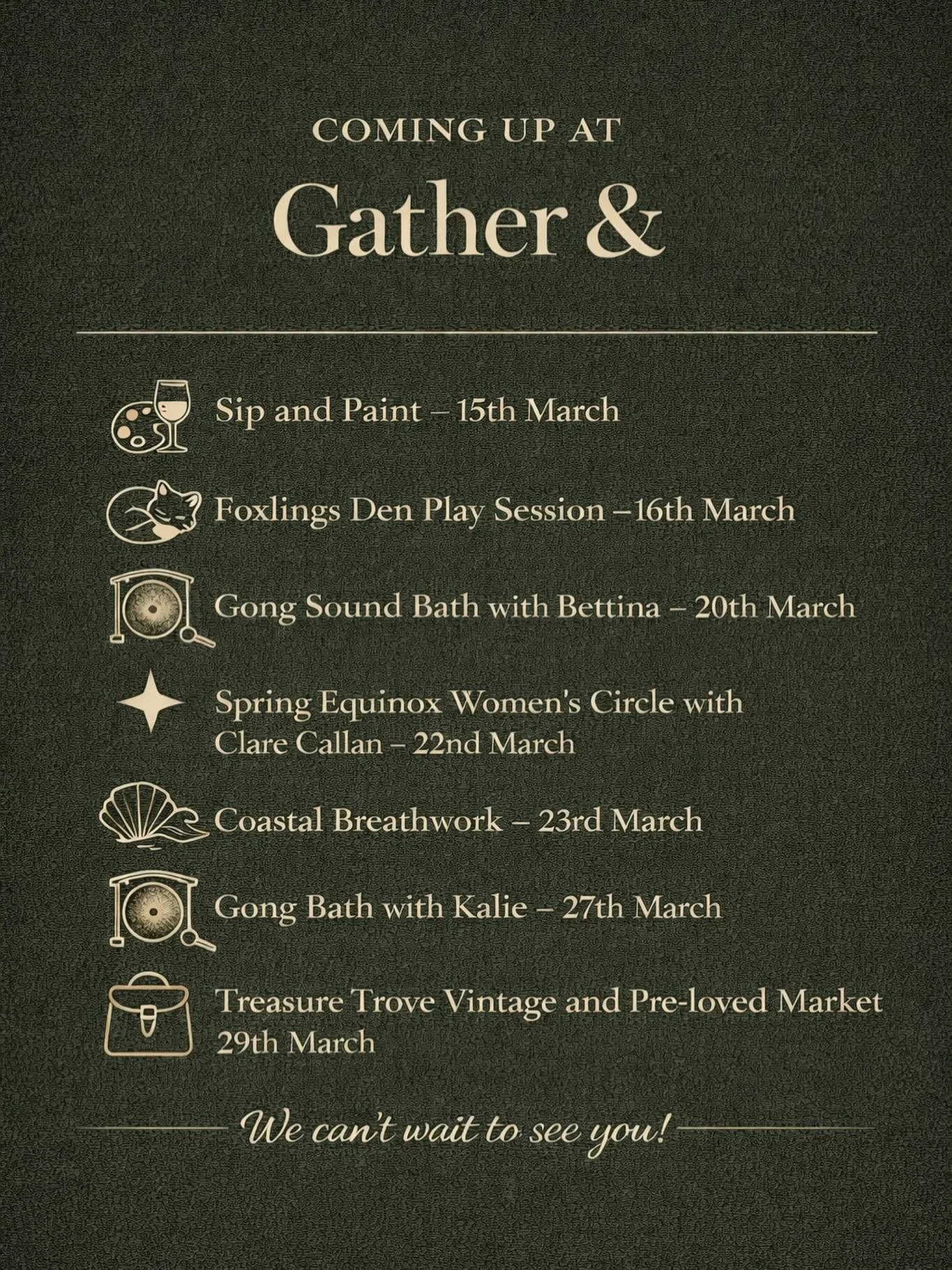 March is shaping up beautifully at Gather &amp; with lots of lovely events in the calendar.

From creativity and play to breath, sound and community, there are plenty of ways to spend time in the space this month.

✨ Sip &amp; Paint &ndash; 15 March
