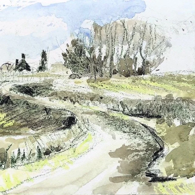 A watercolor painting of a rural landscape with a winding dirt road, leafless trees, and distant houses under a cloudy sky.