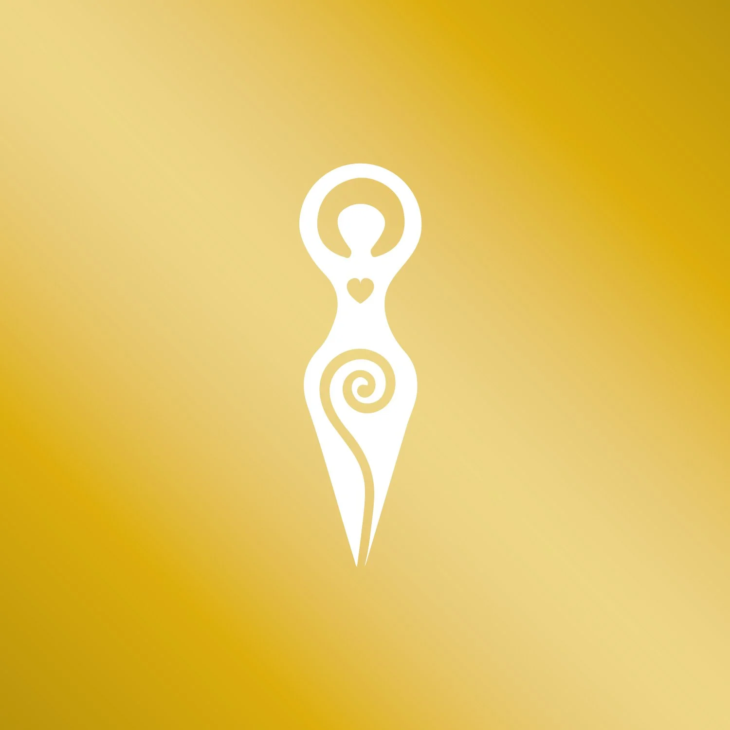 Abstract goddess symbol with spiral and heart on golden background.