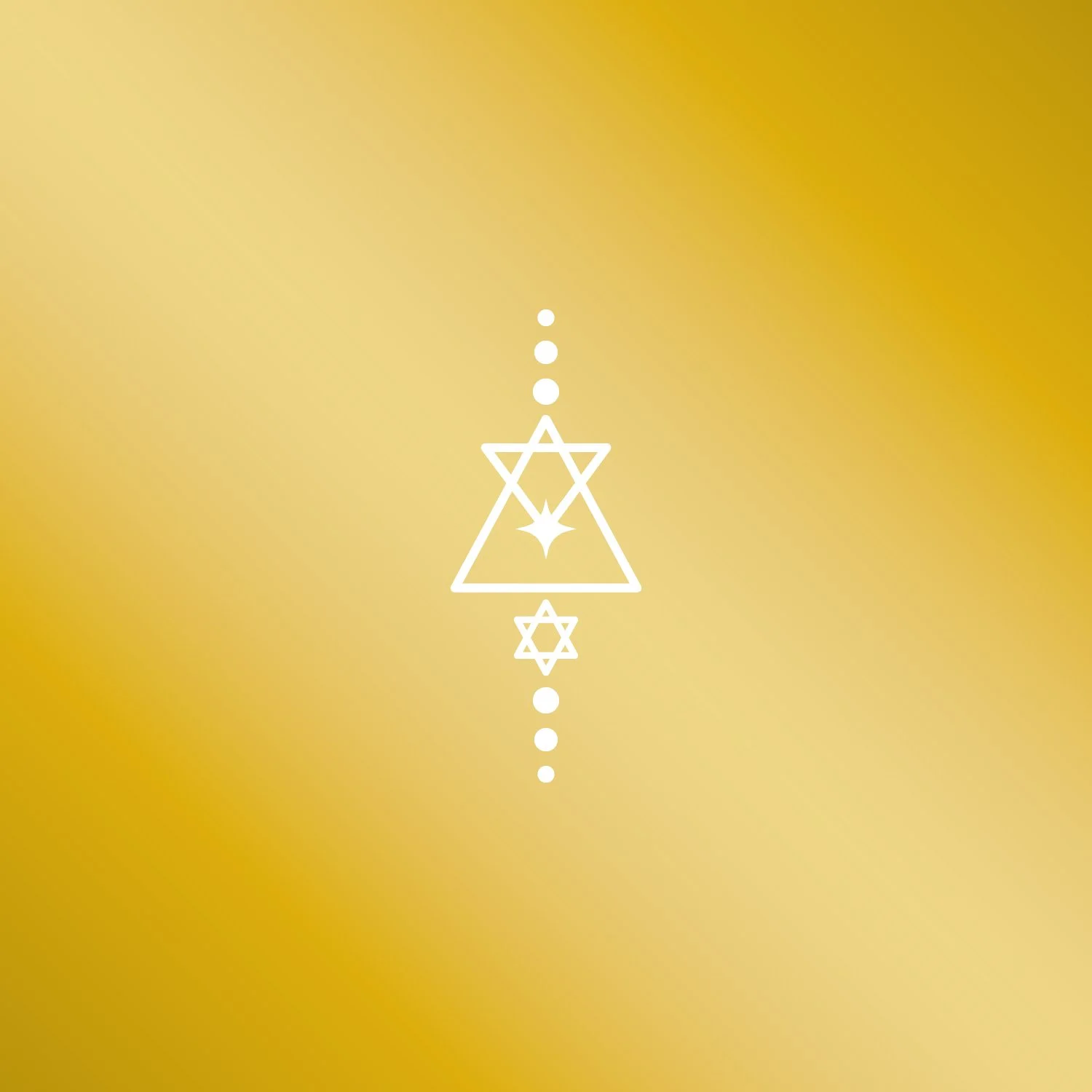 Geometric white symbols with stars on a gradient yellow background.