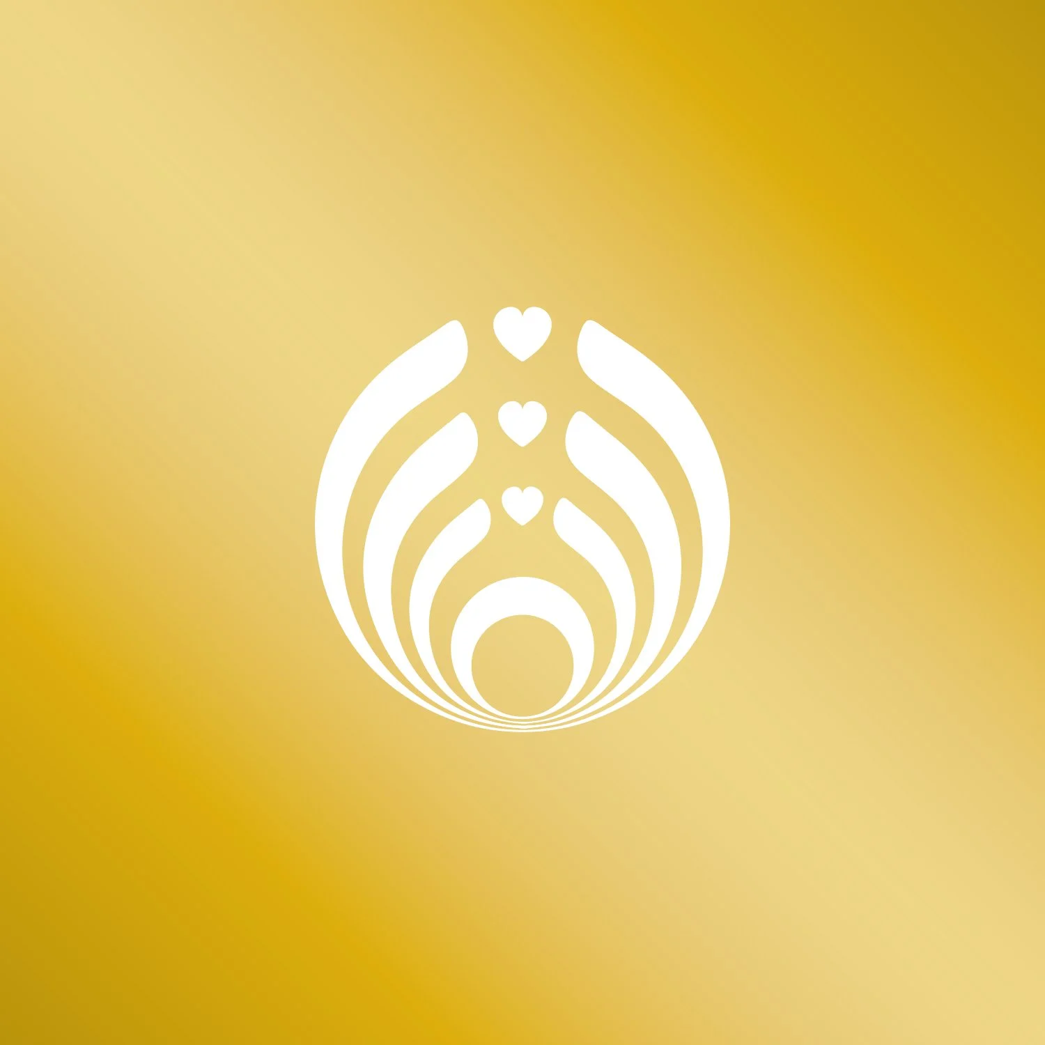 White abstract logo with hearts on a gold gradient background.