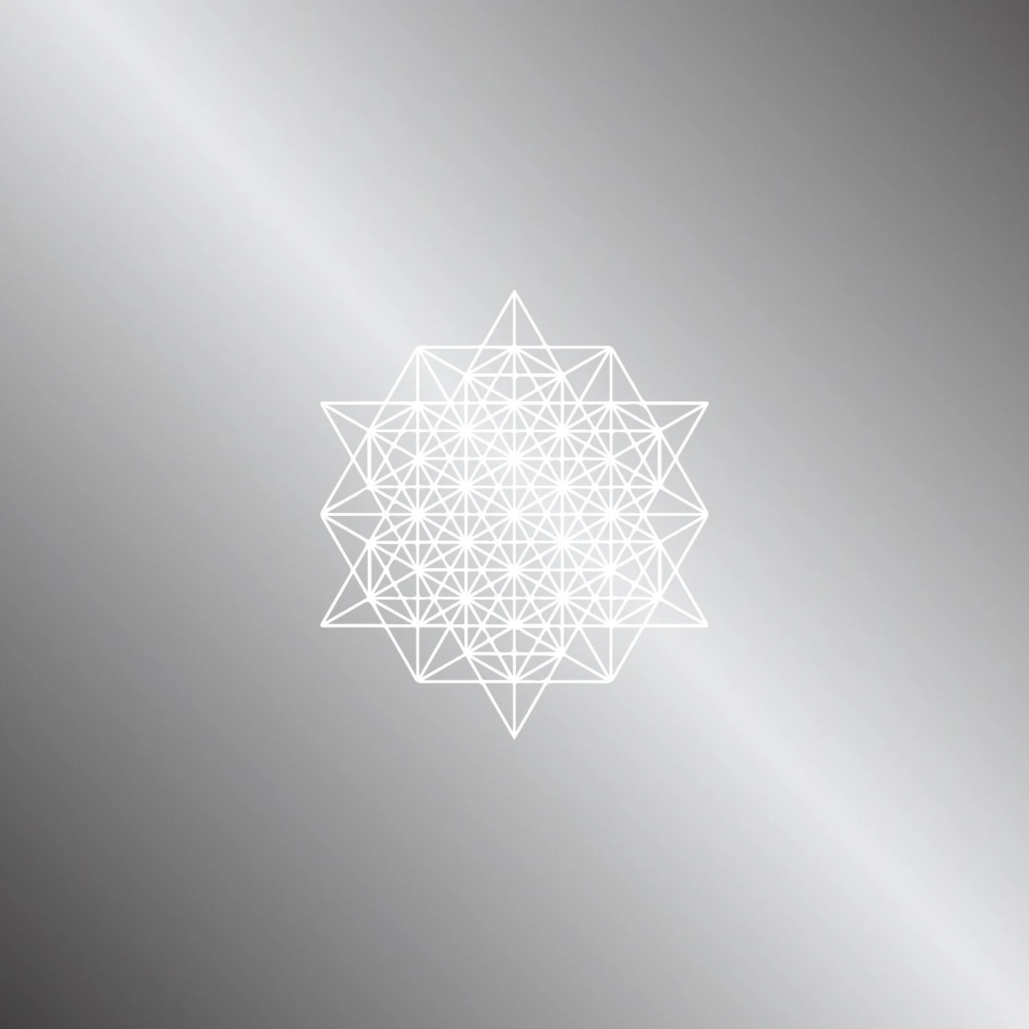 Geometric star pattern with interlocking triangles on a gray gradient background.