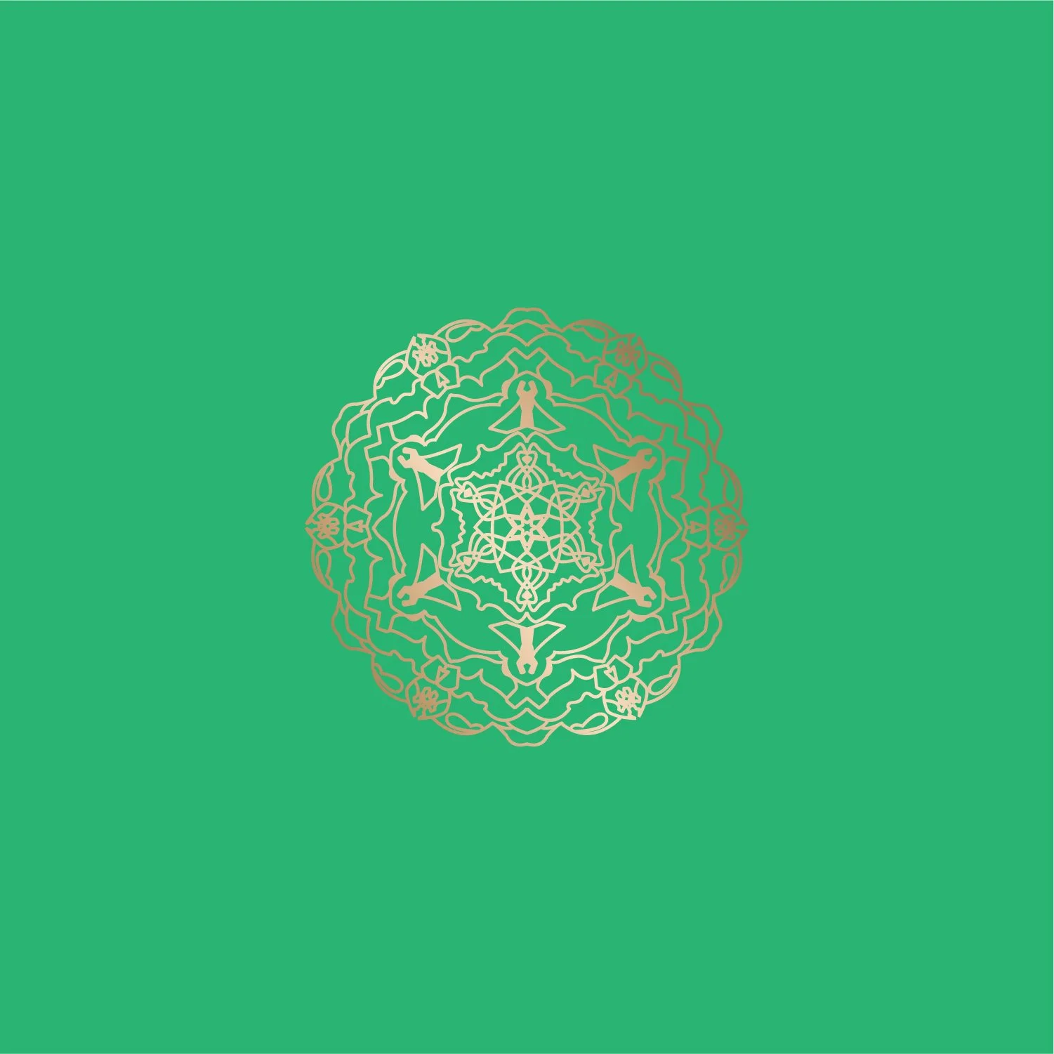 Intricate gold mandala design on a green background.