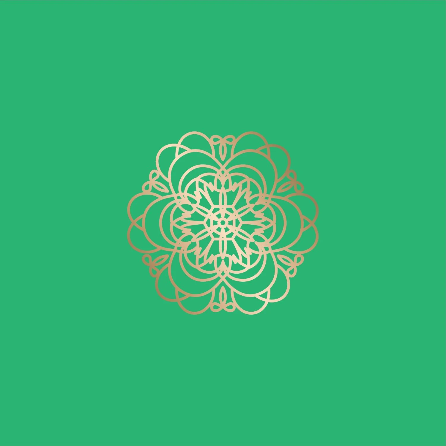 Intricate gold mandala design on green background.