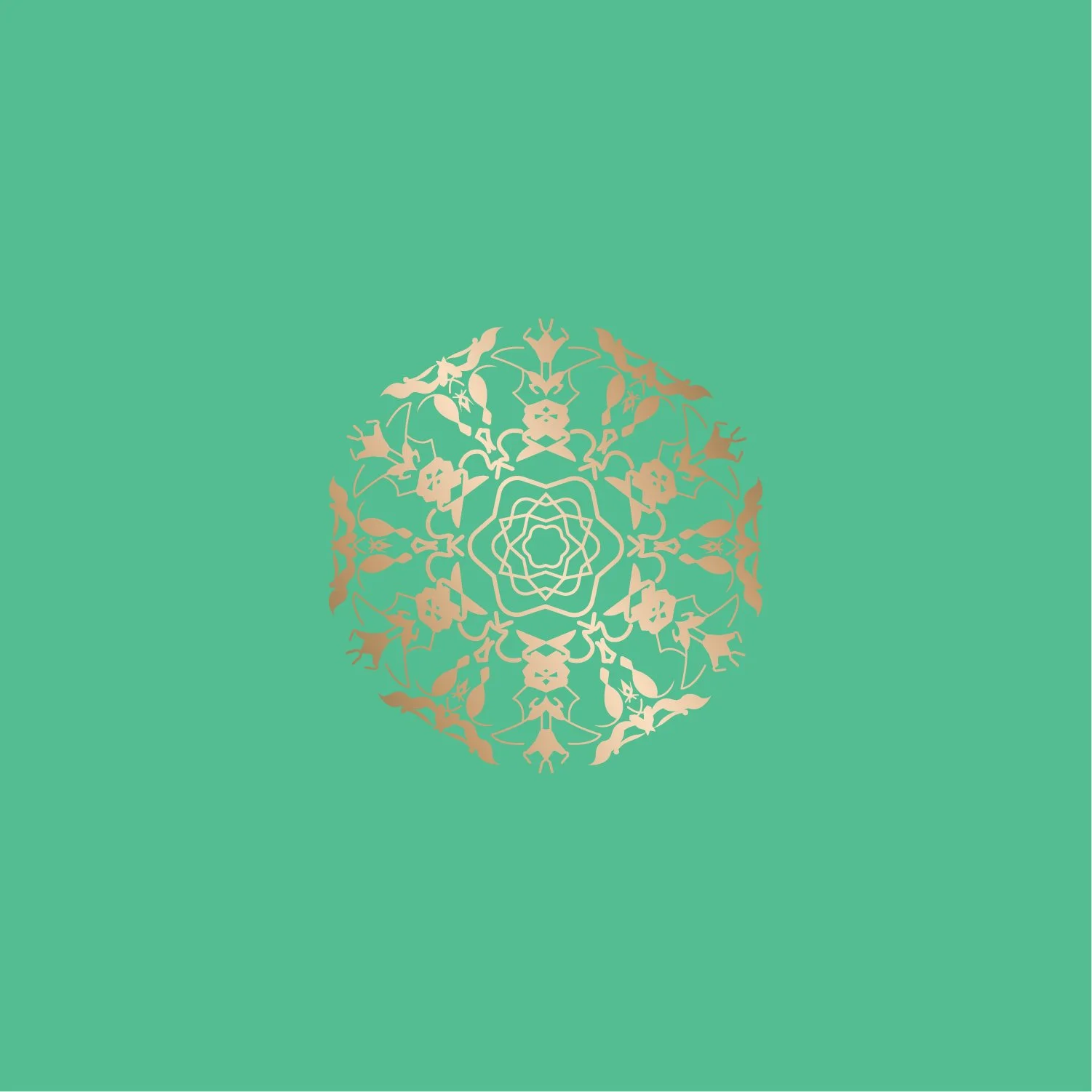 Ornate gold mandala on a green background depicting floral and geometric patterns in a circular arrangement.