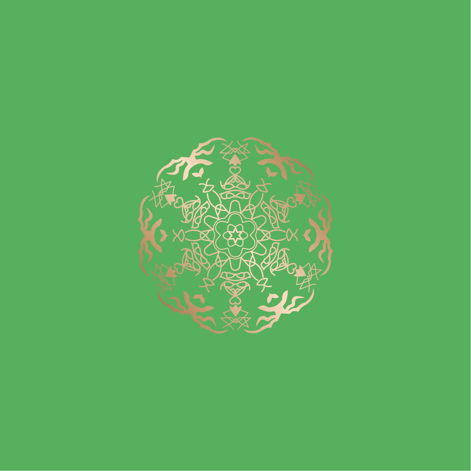 Intricate gold mandala design on a green background.