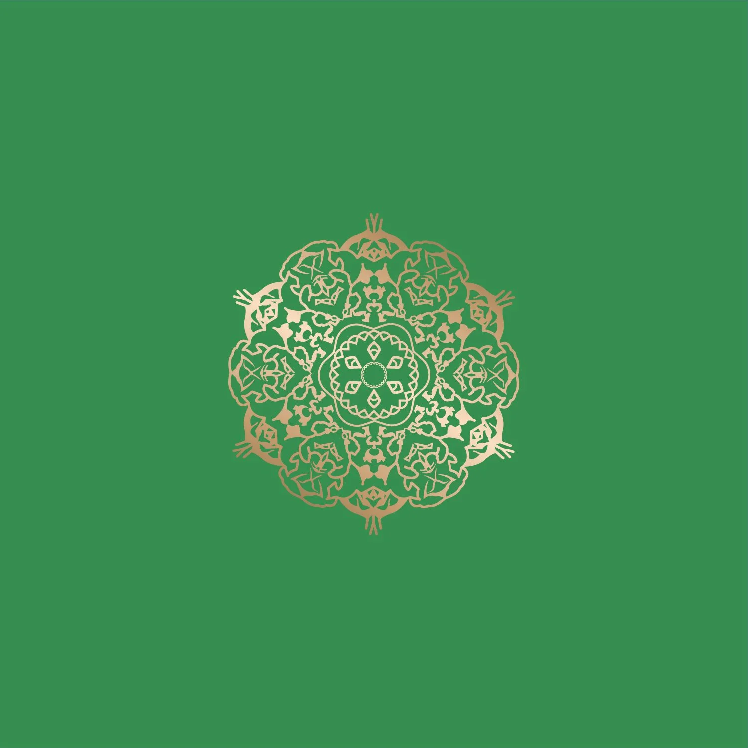 Ornate mandala pattern with floral and geometric design on a green background.