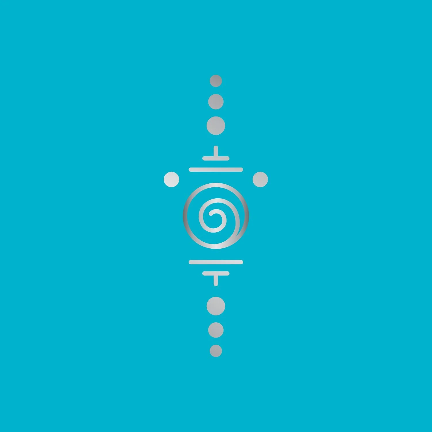 Abstract spiral symbol with vertical dots and lines on turquoise background.