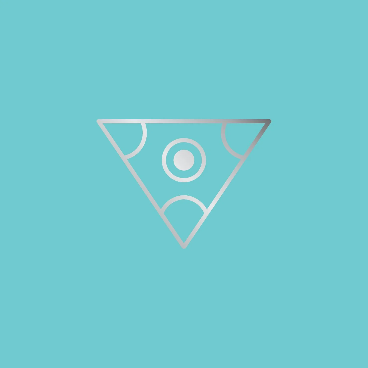 Geometric triangle with circular patterns on teal background.