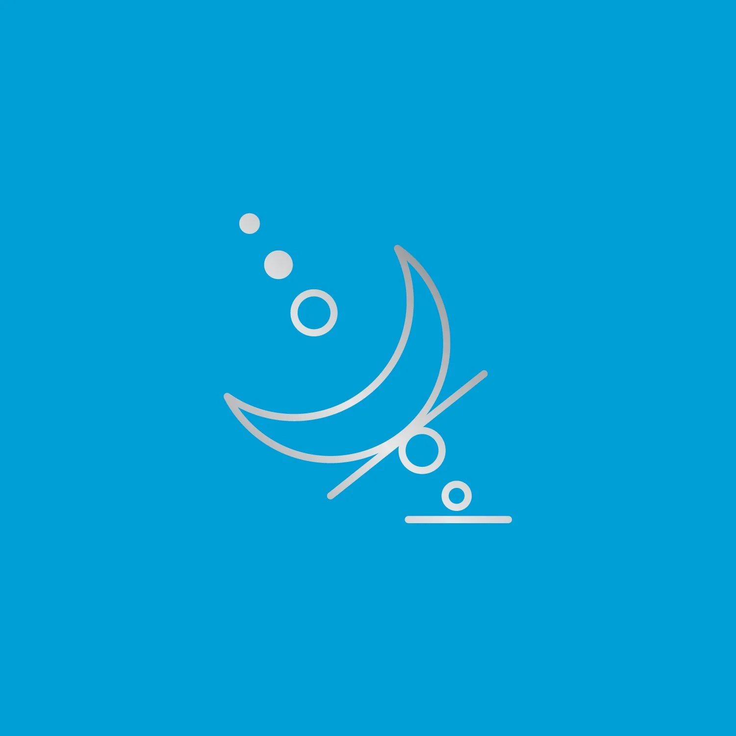 Abstract design with crescent moon, circles, and lines on blue background.