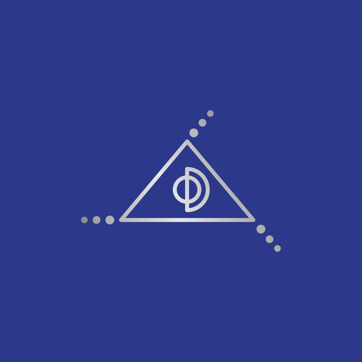 Geometric silver triangle with split circle and dotted lines on blue background