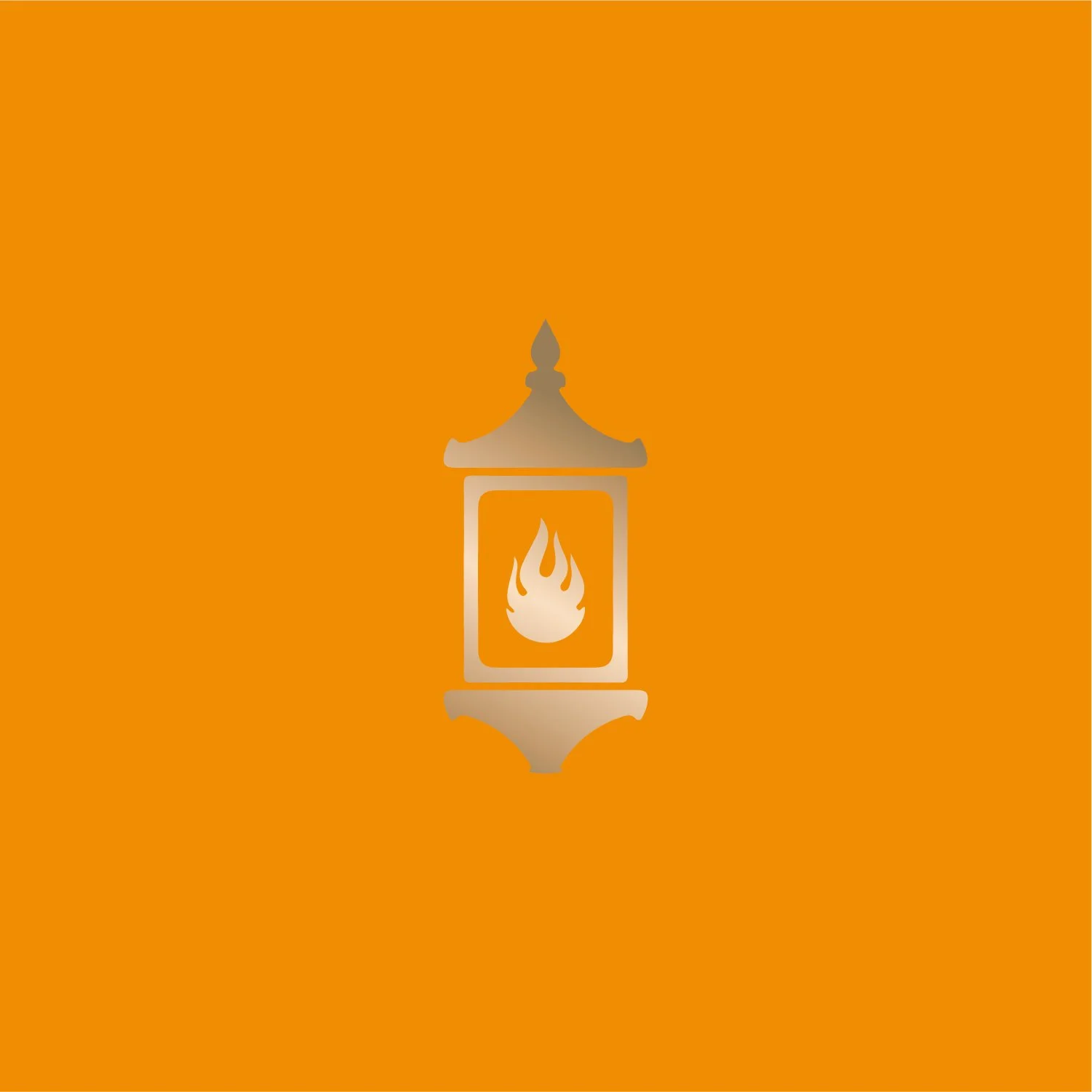 Orange background with a golden lantern icon containing a flame symbol.