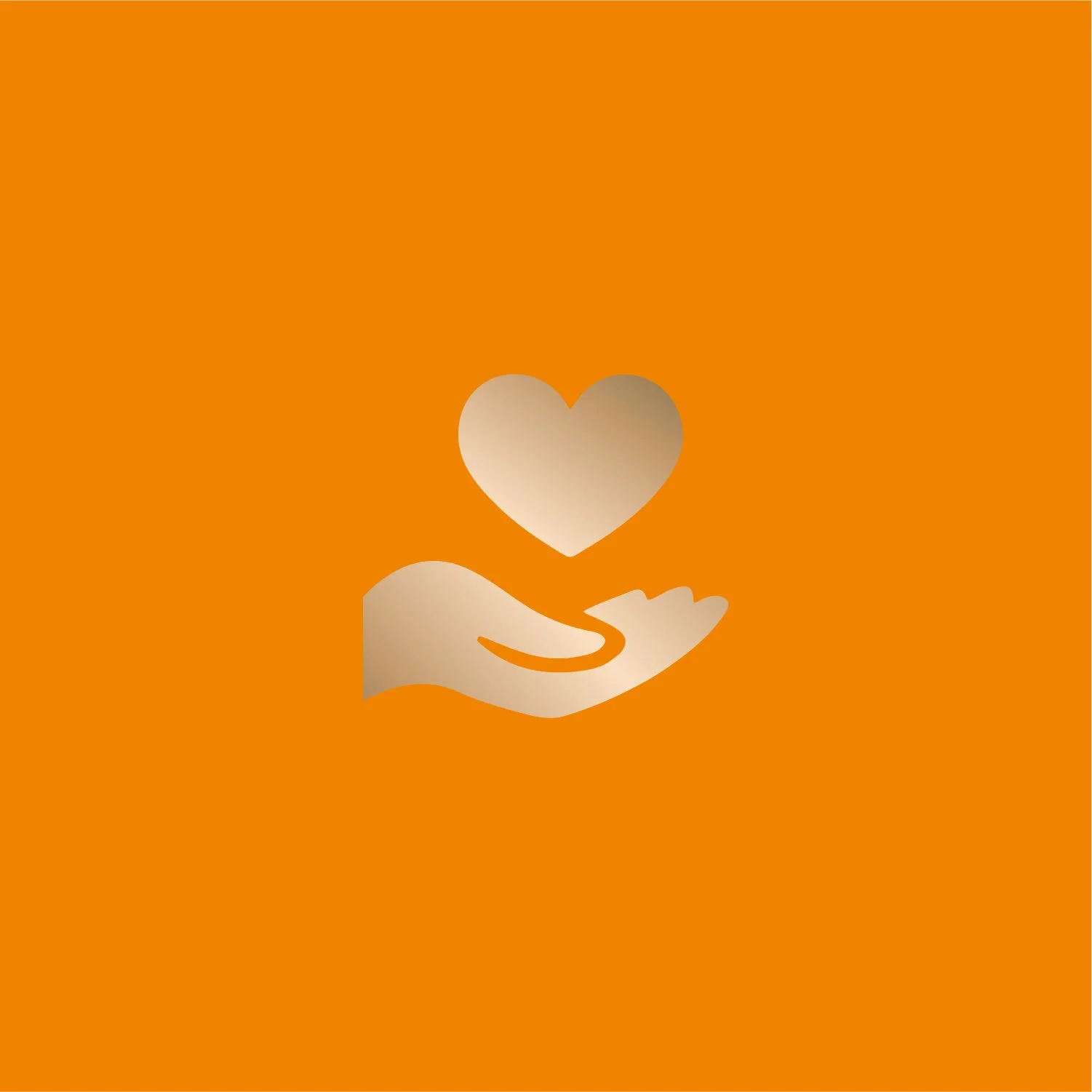 Golden hand holding a heart icon on an orange background.